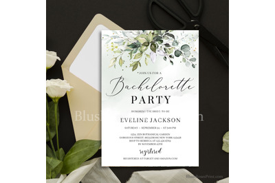 Greenery eucalyptus foliage faux gold bachelorette party invitation