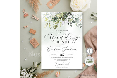 Greenery eucalyptus foliage and faux gold wedding shower invitation