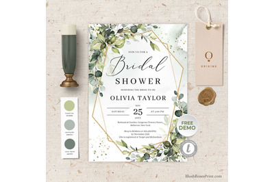 Greenery eucalyptus foliage and faux gold Bridal Shower invitation