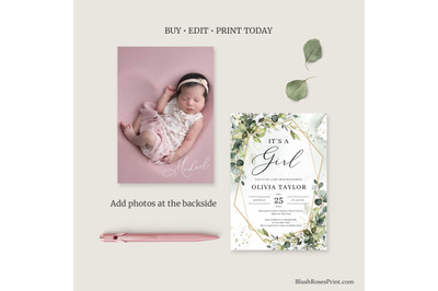 Greenery eucalyptus faux gold Baby Shower It&#039;s a girl Invitation