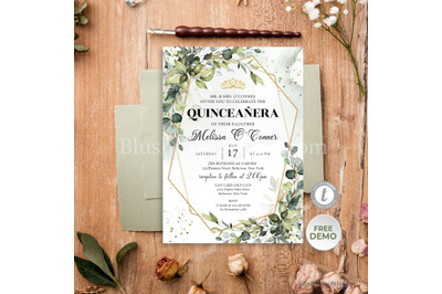 Greenery eucalyptus foliage and faux gold Quinceanera Invitation