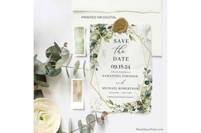 Greenery eucalyptus foliage and faux gold Save The Date Card