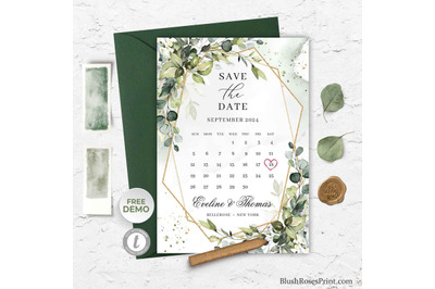 Greenery eucalyptus foliage and faux gold Save The Date Card