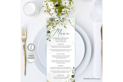 Greenery eucalyptus foliage and faux gold wedding Menu Card