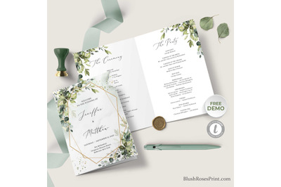 Greenery eucalyptus foliage faux gold Wedding day plan Program 7x10&quot;