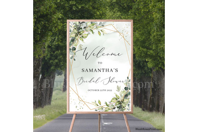 Greenery eucalyptus foliage and faux gold Bridal Shower Welcome Sign