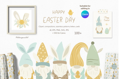 Easter Gnomes clipart &amp; seamless patterns