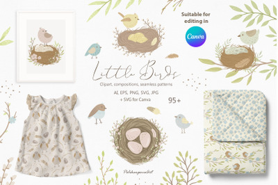 Little Birds clipart &amp; seamless pattern kids