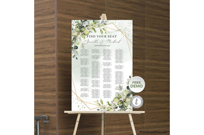 Greenery eucalyptus foliage and faux gold Wedding Seating Chart Poster
