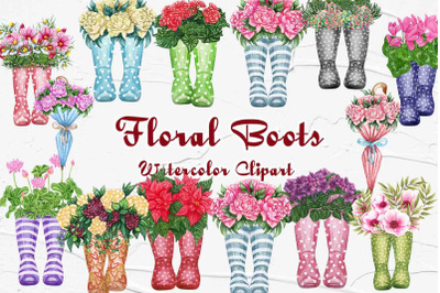 Floral Wellies Watercolor Clipart