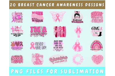 Breast Cancer Awareness Sublimation Designs Bundle, 20 Designs