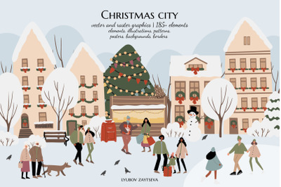 Christmas city clipart, Winter scene creator, People illustration