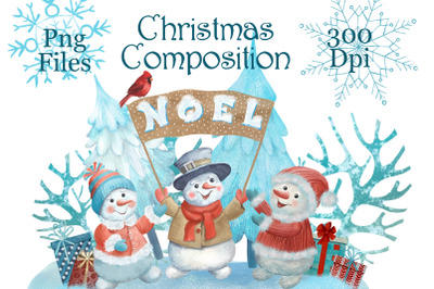 Winter Composition with Snowmen Graphic