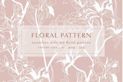 Delicate hand drawn colorful floral seamless background pattern. Peony