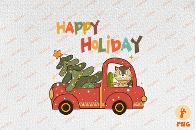 Happy Holiday Cute Cat Drives Car Xmas