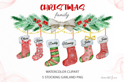 Watercolor Christmas Stocking Family Clipart