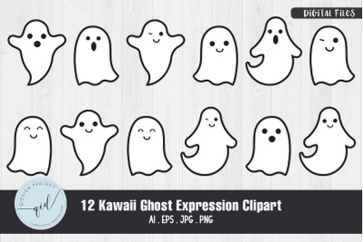 Kawaii Ghost Expression Clipart | 12 Variations
