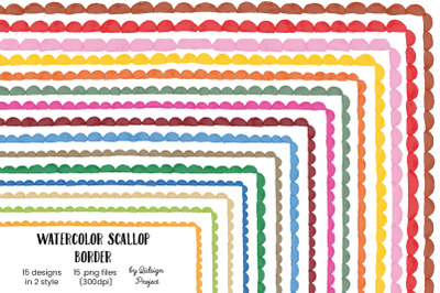 15 Watercolor Scallop Border, decorative elements