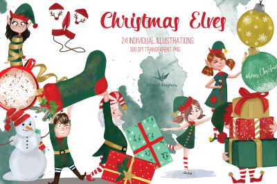 Christmas Elves in Santa&#039;s  workshop illustration set