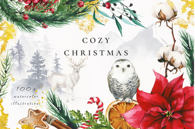 Cozy Christmas - winter watercolor clipart illustrations collection.