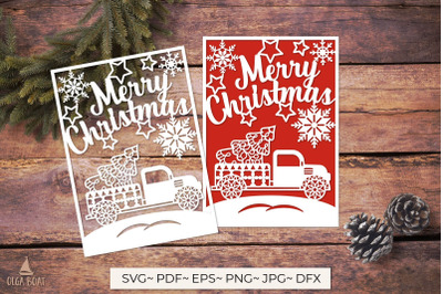 Red Truck with christmas tree svg | Merry christmas card