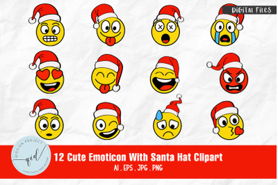 Cute Emoticon With Santa Hat Clipart | 12 Variations