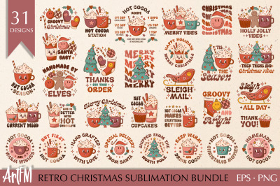 Retro Christmas Sublimation Bundle | Hot Cocoa Mug PNG