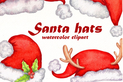 Santa Hat watercolor clipart | Christmas PNG Bundle.