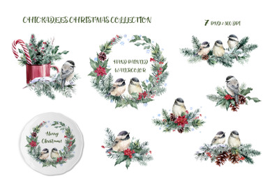 Chickadees watercolor sublimation, Christmas clipart bundle