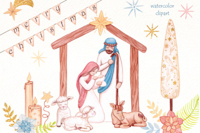 Nativity watercolor clipart | Christmas PNG Bundle | Noel.