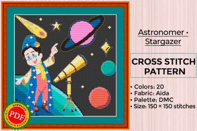 Astronomer Cross Stitch Pattern | Stargazer | Astrologer