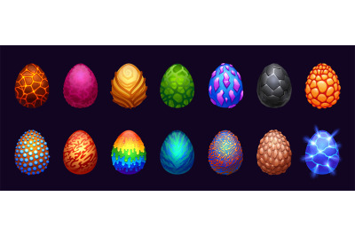 Cartoon fantasy eggs. Magic dragon reptile eggshell for game asset, fa