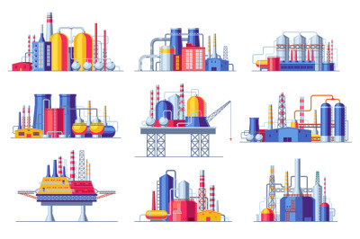 Oil industry constructions set. Petrochemical industrial buildings oil