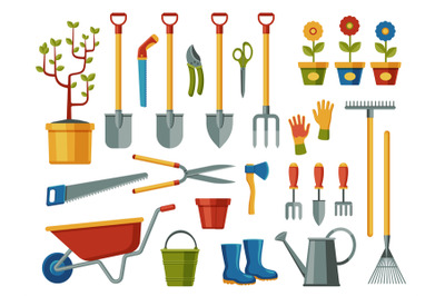 Garden tools. Farm agriculture equipment with shovel rake rubber boots