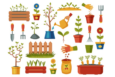 Planting seeds collection. Cartoon garden tools, gardening equipment f