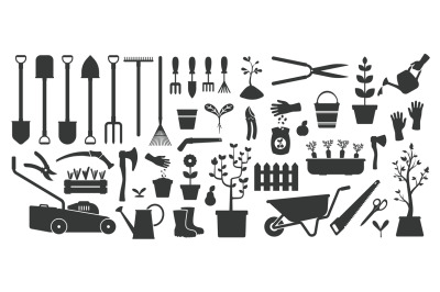 Black gardening tools. Flat garden instruments silhouettes&2C; village ag