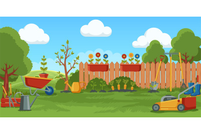 Spring gardening background. Cartoon village landscape with garden too