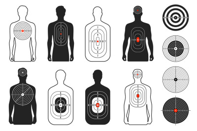 Human target. Shoot range paper with man silhouette, bullet pistol gun