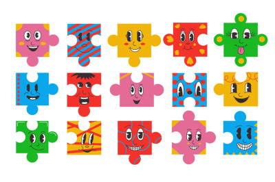 Puzzle characters. Cartoon comic face emotions on jigsaw pieces shapes