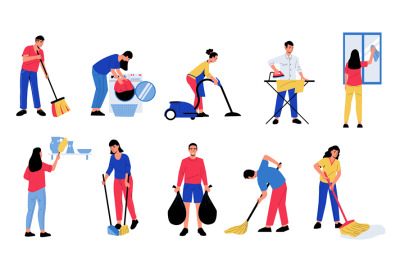 People cleaning up. Cartoon abstract characters doing housework ironin