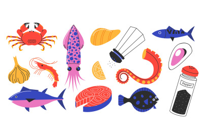 Doodle seafood animals. Cartoon oyster crayfish octopus lobster tuna s