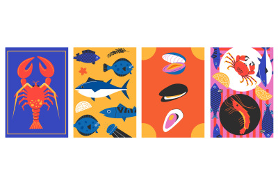 Seafood minimalistic poster. Abstract cartoon fish shellfish elements