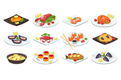 Fish meal. Cartoon seafood dishes traditional asian food, flat salmon