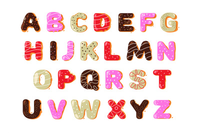 Donut alphabet. Cartoon sweet candy bakery font for logo design, creat