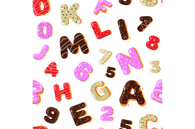 Donut type pattern. Seamless print of colorful biscuit cake alphabet,