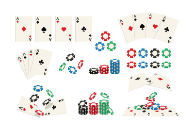 Playing cards and chips set. Casino gambling game coins, aces hearts a