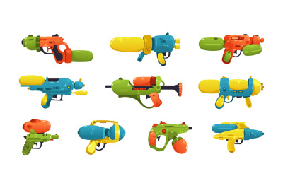 Cartoon water gun. Kids toy weapons, comic plastic childish handgun eq