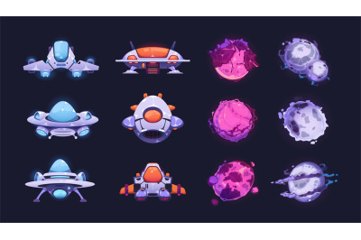 Fantasy planets and ships. Cartoon neon spaceship and cosmic icons for