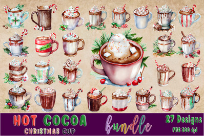Christmas Hot Cocoa Watercolor Clipart Bundle