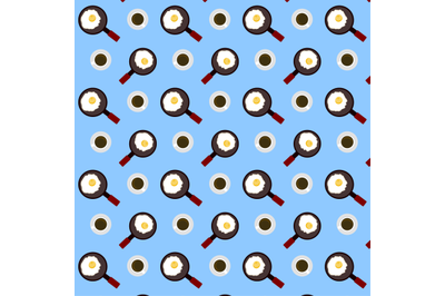 Seamless pattern breakfast with fried eggs and cup of coffee, tableclo